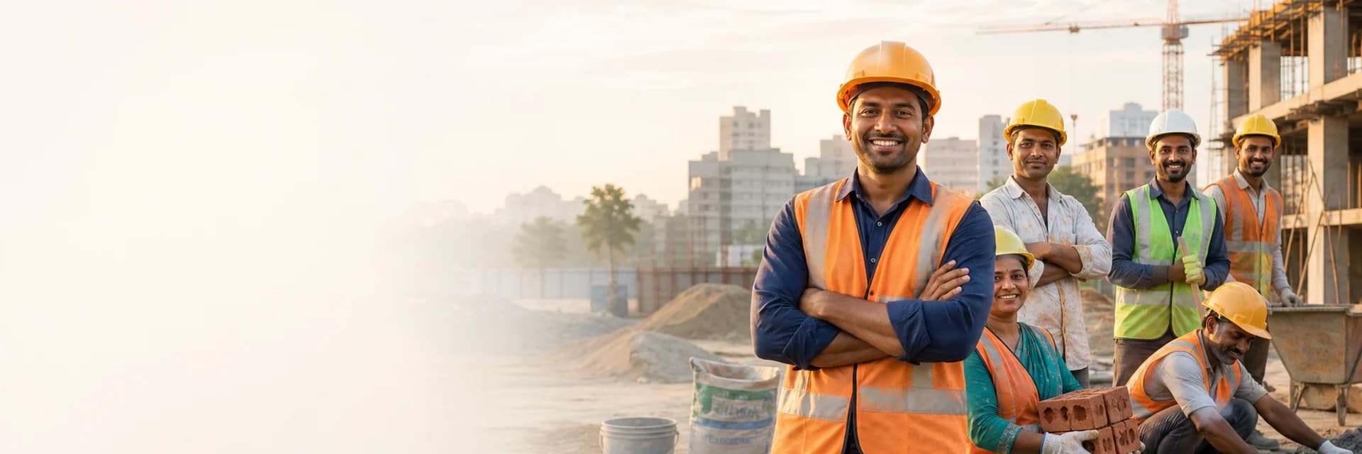 Indian women and men construction workers at a construction site
